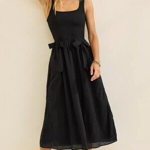 Aerie Midi Bow Cotton Black Dress with Pockets - L